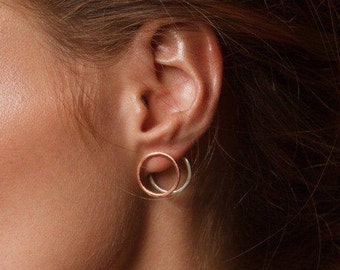 Silver earrings, golden earrings, double circle earrings, jacket earrings, contemporary jewelry, big circle earrings