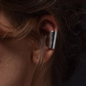 Wide silver cuff, glowy ear cuff, trendy ear cuff, silver helix, no piercing earrings, long tube ear cuffs, cuff for her, cuff for him