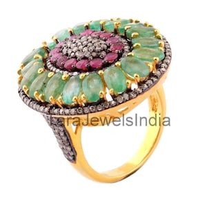 Anillo de cóctel de esmeralda natural, rubí y diamantes, anillo chapado en oro de plata de ley 925,