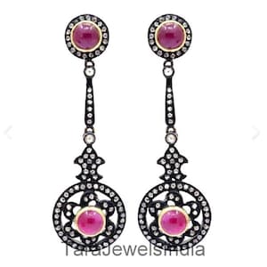 925 Sterling Silver Diamond Earring RoseCut Diamond Ruby Earring Handmade Oxidized Earring Anniversary Gift For Wife Earring  Dangle Earring