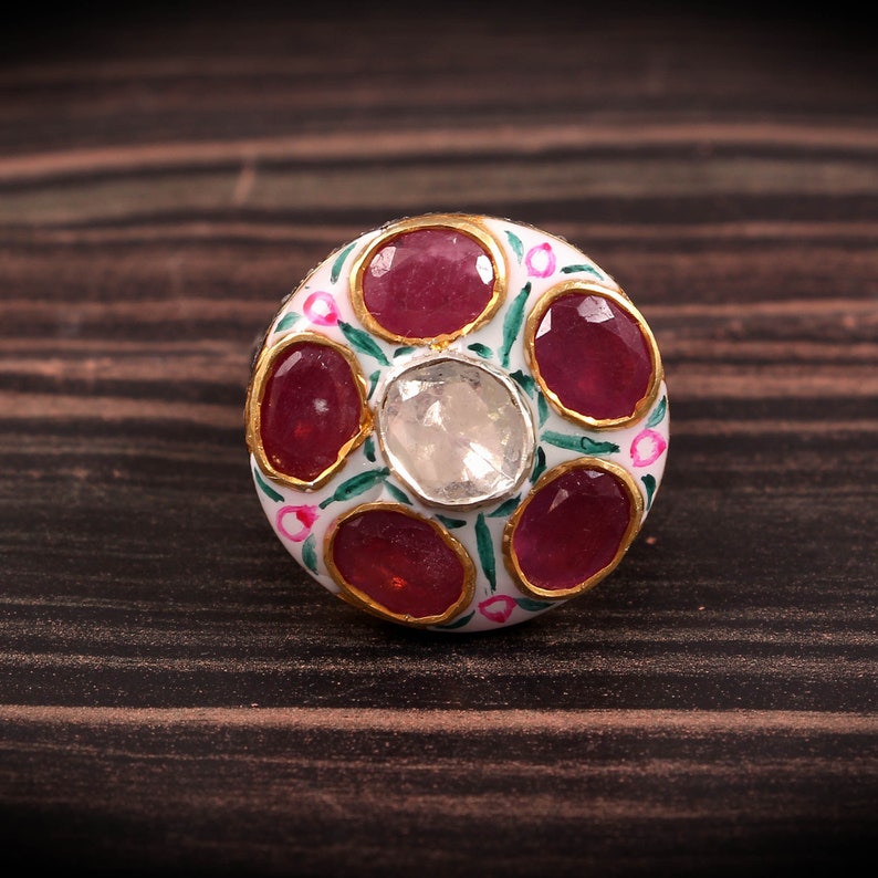 Kundan Meena Enamel Statements Rose Cut Diamond Polki Ruby 925 Sterling Silver Handmade Ring Jewelry
