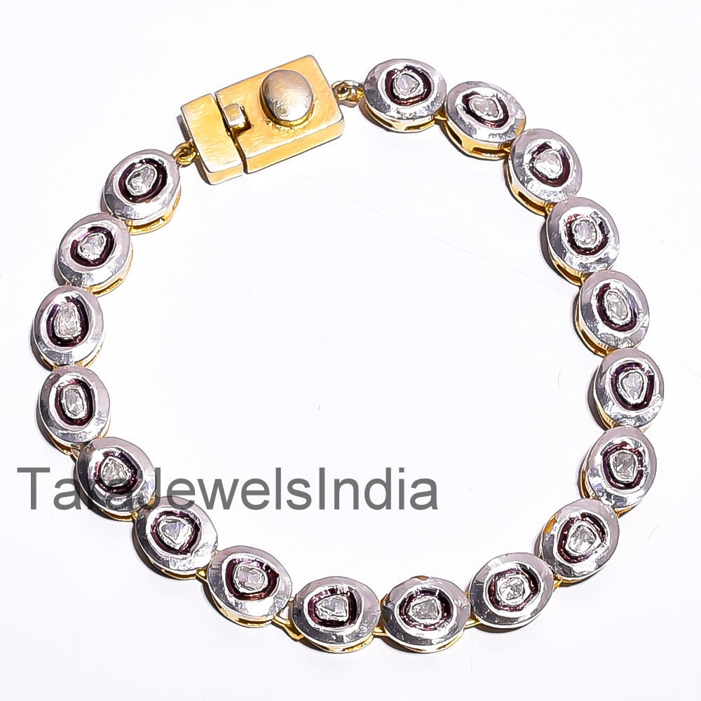 Solid 925 Sterling Silver Diamond Polki Bracelet Handmade Victorian ...