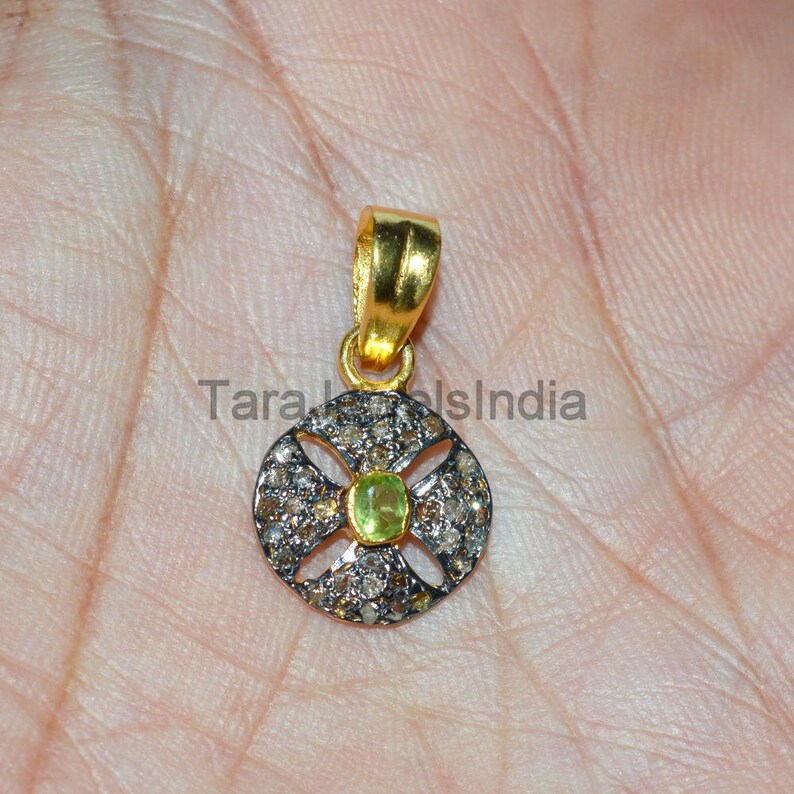 Victorian Rose cut Diamond Peridot Gemstone Jewelry Chine /& Pendant,925 Sterling Silver Handmade Pendant Size 11x11 mm ER 1001