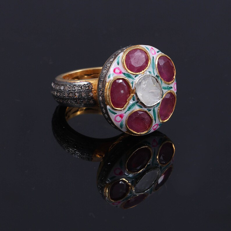 Kundan Meena Enamel Statements Rose Cut Diamond Polki Ruby 925 Sterling Silver Handmade Ring Jewelry