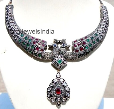 Unique Diamond Polki Necklace Natural Emerald Ruby Sapphire Necklace Handmade Peacock Necklace 925 Sterling Silver Black Oxidized Jewelry