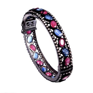 Armreifen aus natürlichem Tansanit, Rubin und Diamanten: Armreifen aus 925er Sterlingsilber, schwarz oxidiert, für Damen zur Hochzeit