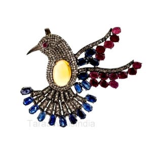 Natural Diamond Ruby Opal Blue Sapphire Brooch & Pendant, 92.5 Strling Silver