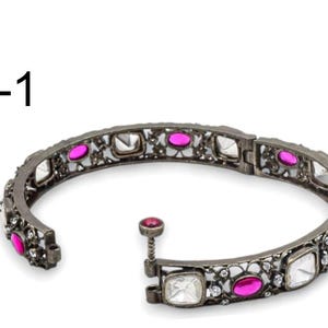 Rose Cut Diamond Polki Sapphire Bangles Bracelet, 925 Sterling Silver Black Oxidized Jewelry