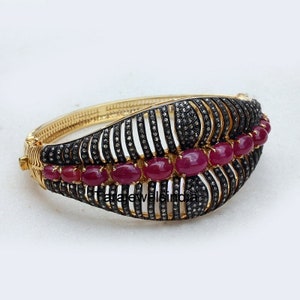 Victorian Natural Diamond Bangle, Ruby Gemstone Bangle, Solid 925 Sterling Silver Bangle, Gold Plated Bangle, Open Diamond Bangle Bracelet