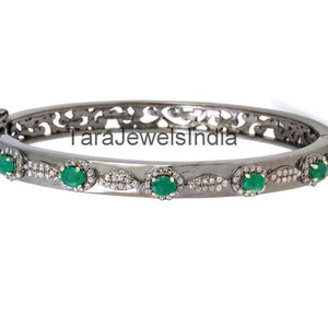 Diamond Bangle Gemstone Emerald Bangle Rose Cut Diamond Bangle 925 Sterling Silver Black Oxidized Bangle Anniversary Gift For Sister Bangle