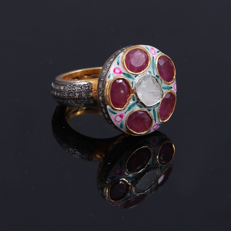 Kundan Meena Enamel Statements Rose Cut Diamond Polki Ruby 925 Sterling Silver Handmade Ring Jewelry