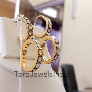 Brincos de argola com diamante polki, brincos naturais de polki, prata esterlina 925 e ouro amarelo 14 k, brincos de platina, presentes de aniversário
