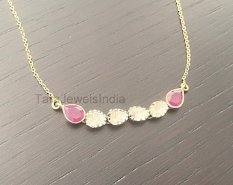 Solid 925 Sterling Silver Chain Necklace, Diamond Polki Gemstone Ruby Necklace, Yellow Gold Plated Chain Necklace, Gift For Girls Necklace