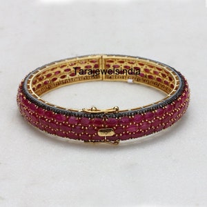 Natural Diamond Ruby Bangle, Handmade 925 Sterling Silver Bangle, Gold Platinum Bangle, Open Diamond Bangle, Vintage Anniversary Bangle