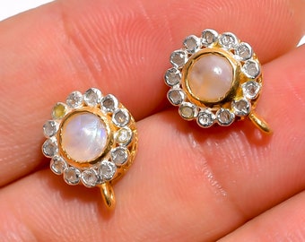Moonstone With Diamond Earring, Pave Diamond Tiny Stud Earring, Small Simple Diamond Earring, Gold 925 Sterling Silver Earring, Gift For Her
