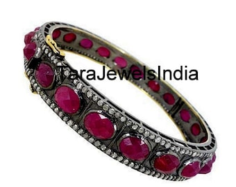 Natural Ruby Pave Diamond Bangles, AAA Quality Pink Ruby Bangles, Oxidized 925 Sterling Silver Wedding Rose Cut Diamond Gift Wedding Jewelry