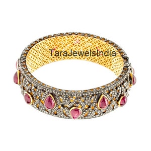 Vintage Rose Cut Diamond Bangle, Natural Ruby Bangle, 925 Sterling Silver & Gold Bangle, Wedding Statement Bangle, Unique Women&#39;s Jewelry