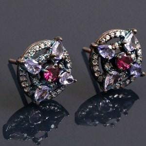 Tanzanite Ruby Gemstone Earring Tiny Stud Earring Black Oxidized 925 Sterling Silver Earring Beautiful Gift Earring Women's Giris Earring