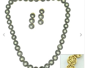 Victorian Rose Cut Diamond Polki Handmade 925 Sterling Silver Necklace Earring Set Jewelry, Victorian Gift For Her, Christms Gift Jewelry