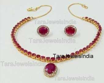 Natural Ruby Necklace Earring Set: Pave Diamond, 925 Sterling Silver