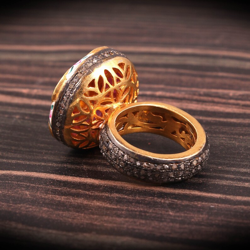 Kundan Meena Enamel Statements Rose Cut Diamond Polki Ruby 925 Sterling Silver Handmade Ring Jewelry