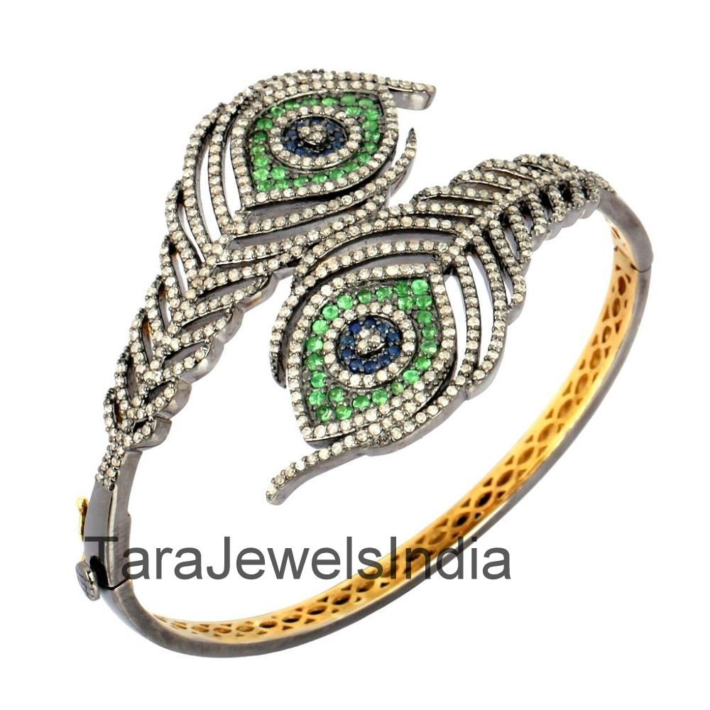 Natural Rose Cut Diamond Peacock Feather Open Bangle, Emerald Bangle, 925 Sterling Silver & 14 k Gold Bangle, Anniversary Gift For Women's