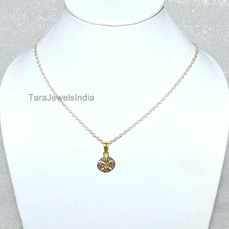 Victorian Rose cut Diamond Peridot Gemstone Jewelry Chine /& Pendant,925 Sterling Silver Handmade Pendant Size 11x11 mm ER 1001