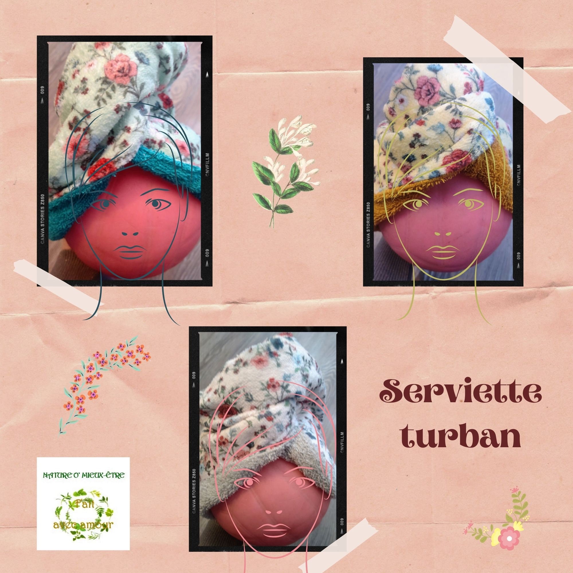 Serviette Turban Cheveux Double Faces Fleurs