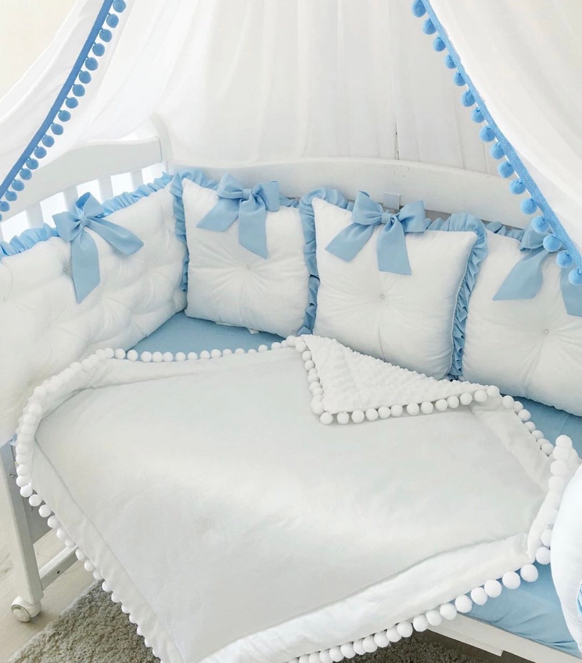 White with Blue Baby Boy Bedding Set Nursery Boy Set Canopy | Etsy