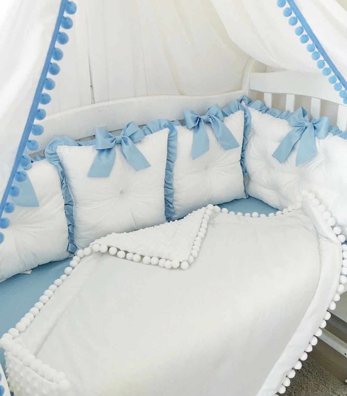 White with Blue Baby Boy Bedding Set Nursery Boy Set Canopy | Etsy