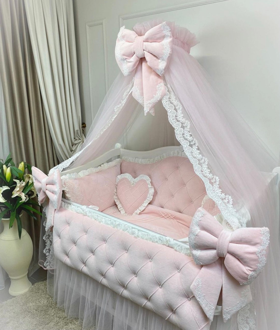 Velour pink baby girl crib bedding set Luxury Crib Bedding | Etsy
