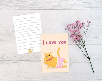 Love card, postcard, greeting card, card with cat, cat in love, colorful, funny, I love you, I love you, wedding, birthday, Valentine's Day