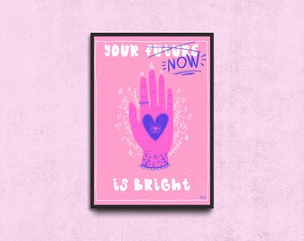 Tarot displays with one hand, esoteric poster, prediction, present moment, future, pink, colored, hand drawn, well being, mystical, pink poster