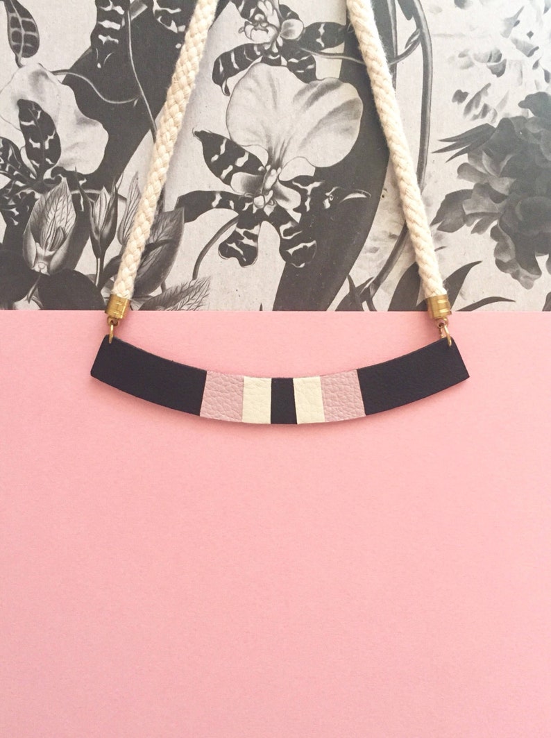 Striped Leather Necklace Bib Necklace Black Cream /& Pink Necklace Geometric Necklace The Sweetest Little Song Necklace