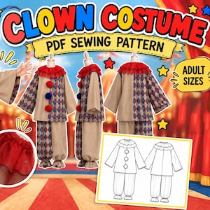 May include: A clown costume PDF sewing pattern featuring a beige tunic and trousers with blue and red diamond patterns, a red ruffled collar, and three large pom-poms. Includes a technical line drawing of the garment and text reading CLOWN COSTUME.