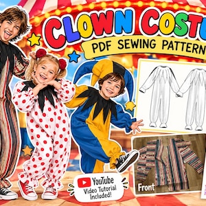 May include: A PDF sewing pattern for a clown costume featuring three individuals in different outfits: a striped jumpsuit, a white jumpsuit with red polka dots, and a blue and yellow jumpsuit. Includes technical line drawings and fabric pieces.
