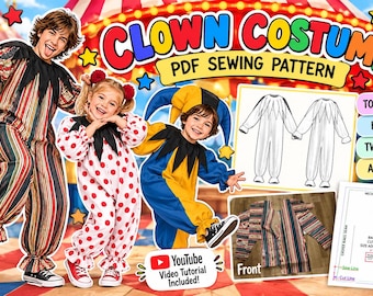 Könnte beinhalten: Ein PDF-Schnittmuster für ein Clownskostüm mit drei Personen in verschiedenen Outfits: ein gestreifter Overall, ein weißer Overall mit roten Punkten sowie ein blau-gelber Overall. Enthält technische Strichzeichnungen und Stoffteile.