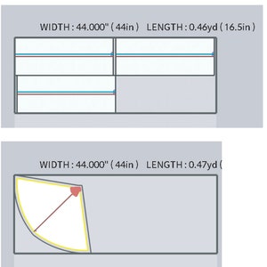 May include: Two diagrams showing different ways to cut a piece of fabric. The first diagram shows a rectangular piece of fabric cut into three horizontal strips. The second diagram shows a rectangular piece of fabric with a curved corner cut out. The text on the diagrams reads "WIDTH: 44.000" (44in) LENGTH: 0.46yd (16.5in)" and "WIDTH: 44.000" (44in) LENGTH: 0.47yd (