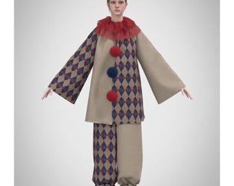 Könnte beinhalten: Ein Clownskostüm bestehend aus einer Tunika und einer Hose mit beigem, blauem und rotem Rautenmuster. Die Tunika hat einen roten Rüschenkragen, drei große rote und blaue Bommeln auf der Vorderseite und weite Ärmel. Das Outfit umfasst schwarze Schuhe.