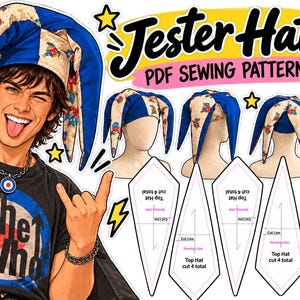 Op de afbeelding: Een PDF-naaipatroon voor een narrenmuts met een blauw en beige bloemmotief. De afbeelding bevat een persoon die de muts draagt, drie mannequin-aanzichten en vier papieren patroonsjablonen met de tekst Top Hat cut 4 total en naailijnen.