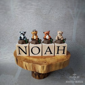 Enfeite de bolo com tema de animais da floresta e floresta, decoração de berçário, blocos de madeira para aniversário de bebê, letra, nome, lembrança personalizada, raposa
