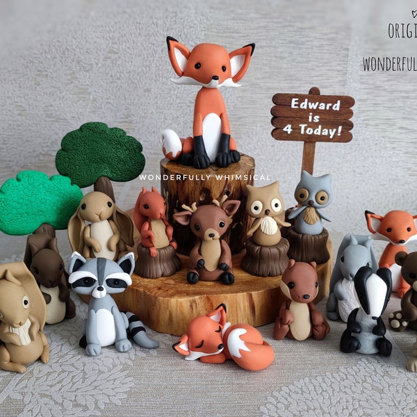 Woodland Forest Animal Clay Cake Topper Birthday Party Decoration Handmade Gift Fox Squirrel Owl Raccoon Badger Deer Tree Sign Custom Name