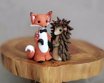 Fox Hedgehog Wedding Cake Topper Animal Handmade Clay Bride Groom Rustic Woodland Forest Sculpture Custom Keepsake Autumn Winter Mini Small