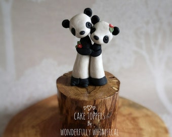 Panda Wedding Cake Topper Mini Small Zoo Jungle Animal Handmade Clay Bride Groom Rustic Woodland Forest Sculpture Custom Keepsake Whimsical
