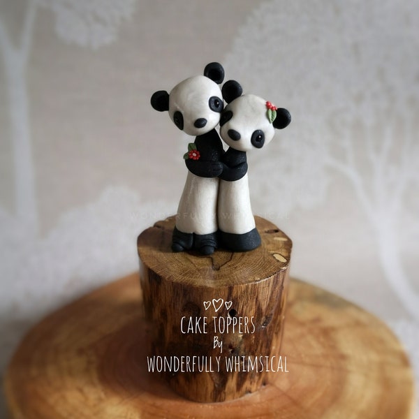 Panda Wedding Cake Topper Mini Small Zoo Jungle Animal Handmade Clay Bride Groom Rustic Woodland Forest Sculpture Custom Keepsake Whimsical