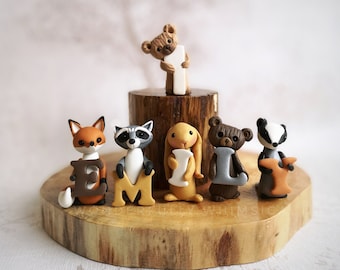 Forest Woodland Animal Theme Cake Topper Birthday Baby Child Nursery Ornament Decoration Letters Name Handmade Clay Keepsake Personalise Fox