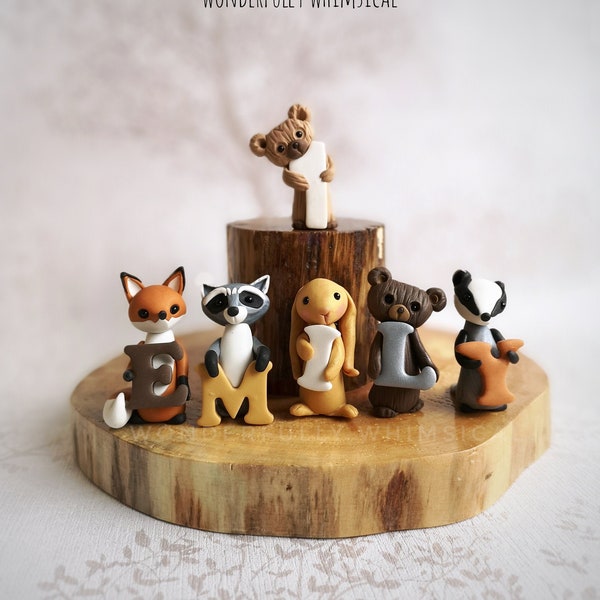 Forest Woodland Animal Theme Cake Topper Birthday Baby Child Nursery Ornament Decoration Letters Name Handmade Clay Keepsake Personalise Fox