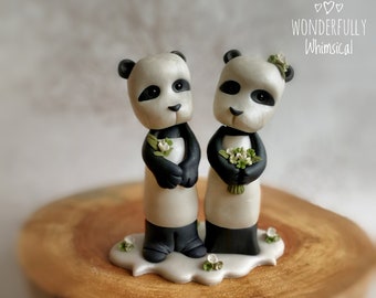 Panda Wedding Cake Topper Animal Handmade Gift Ideas Clay Bride Groom Rustic Woodland Forest Keepsake Figurine Sculpture Enchanted Whimsical