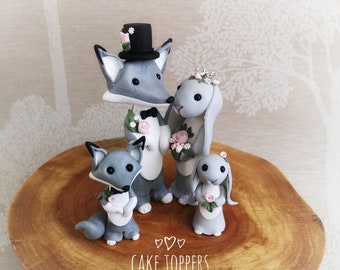 Wolf Bunny Rabbit Wedding Cake Topper Bridesmaid Page Boy Family Animal Bride Groom Winter Forest Decoration Ornament Keepsake Sculpture