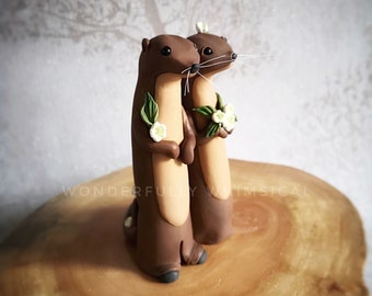 Otter Wedding Cake Topper Animal Rustic Forest Woodland River Decorations Handmade Clay Bride Groom Autumn Winter Sculpture Ornament Beaver